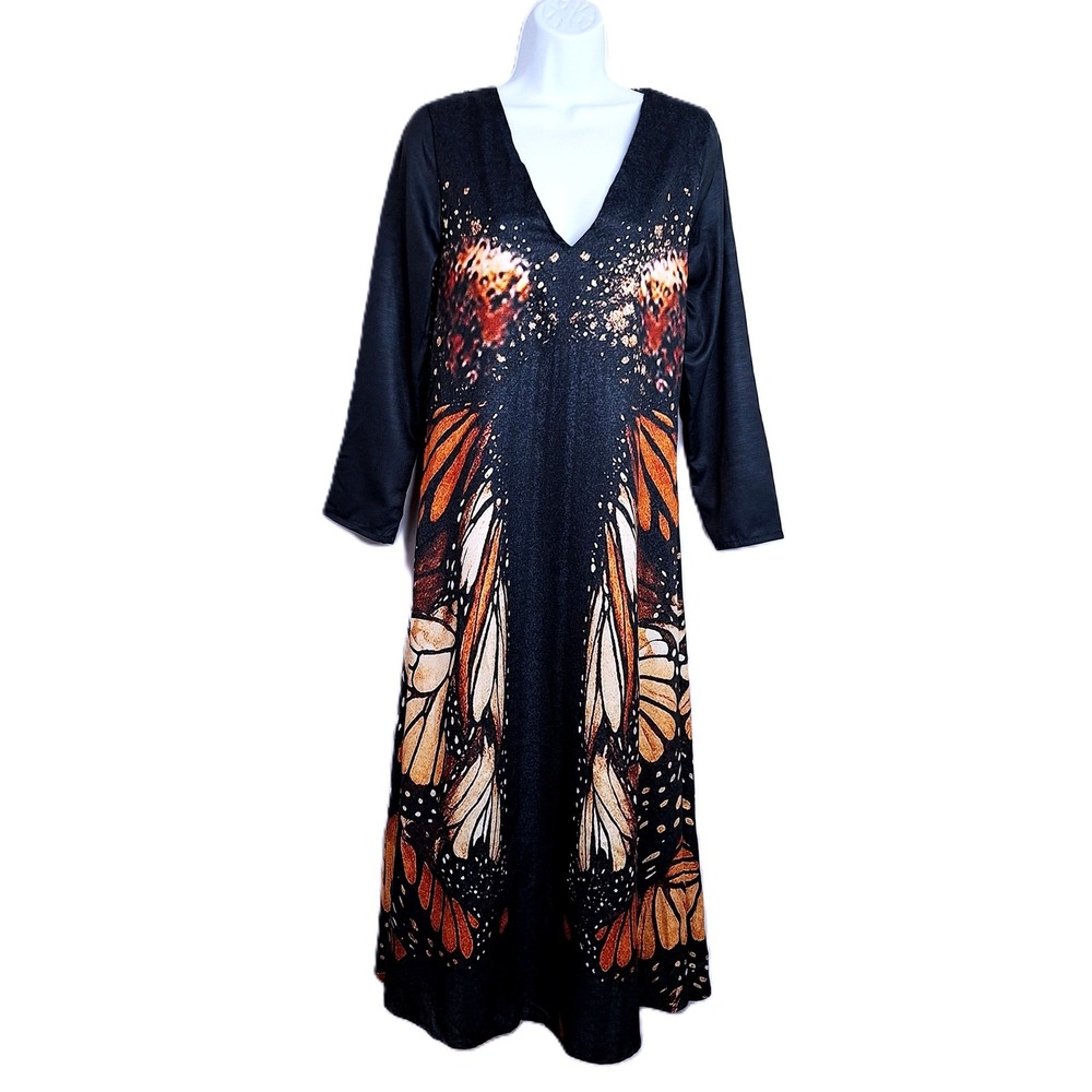 Butterfly Wing Print Maxi Dress Whimsigoth Fairycore V-Neck Long Sleeve Size M